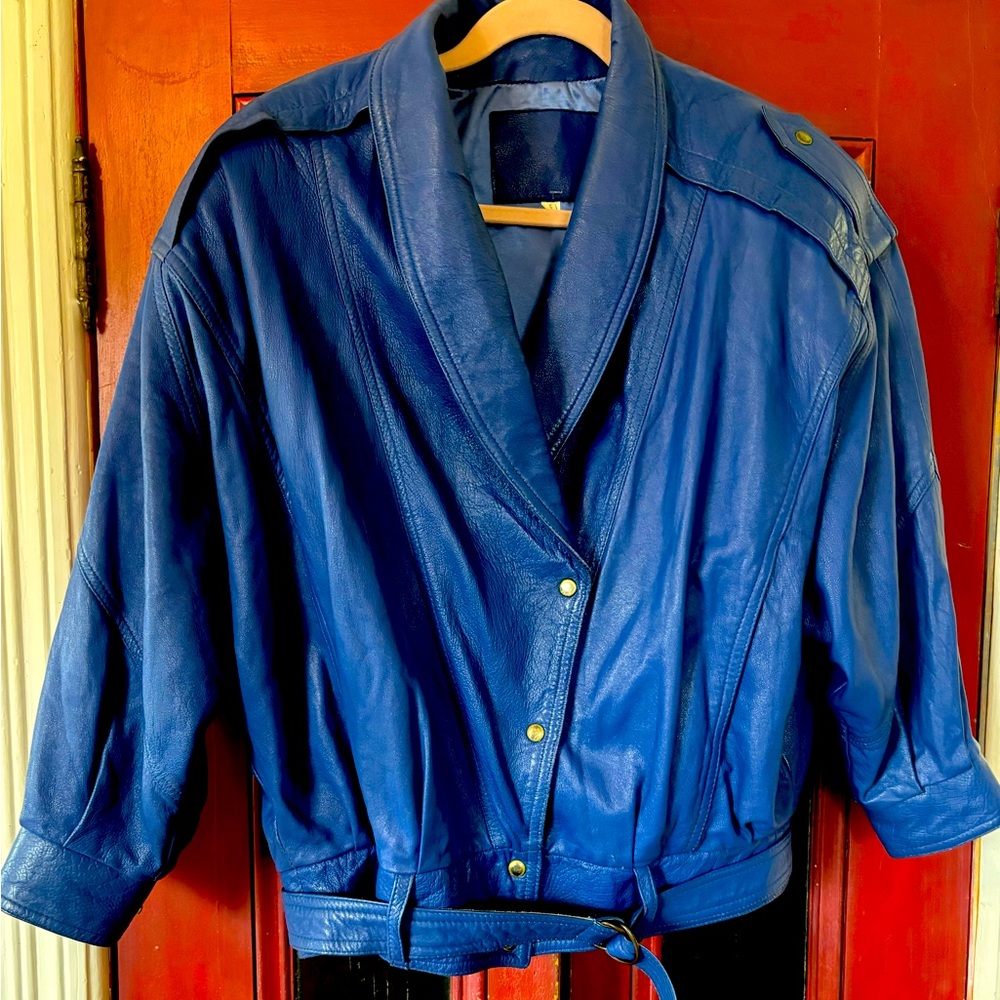 Vintage Retro 80’s style royal blue leather bomber jacket